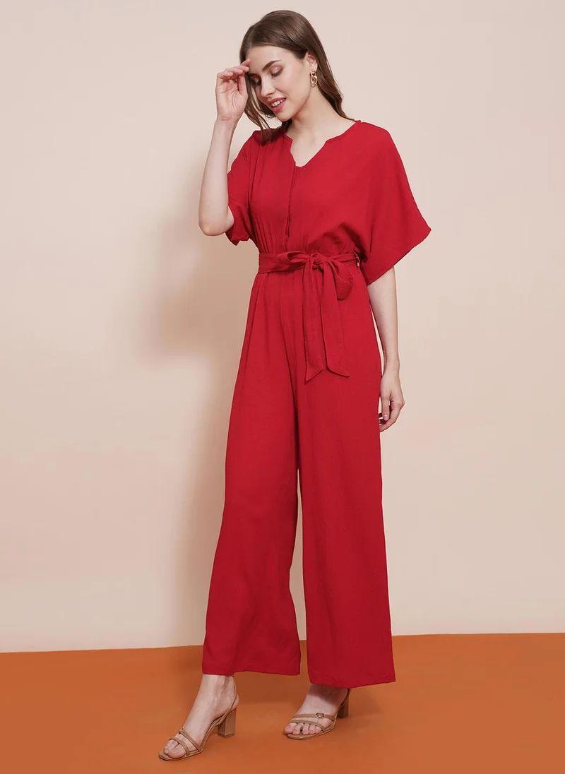 globus Red Globus Women Round Neck With V Cut Kimono Sleeves Waist Tie-Up Longline Jumpsuit for Women | Best Price UAE